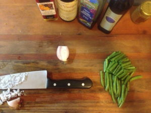 Prepping hericot vert & shallots for the vinaigrette marinade
